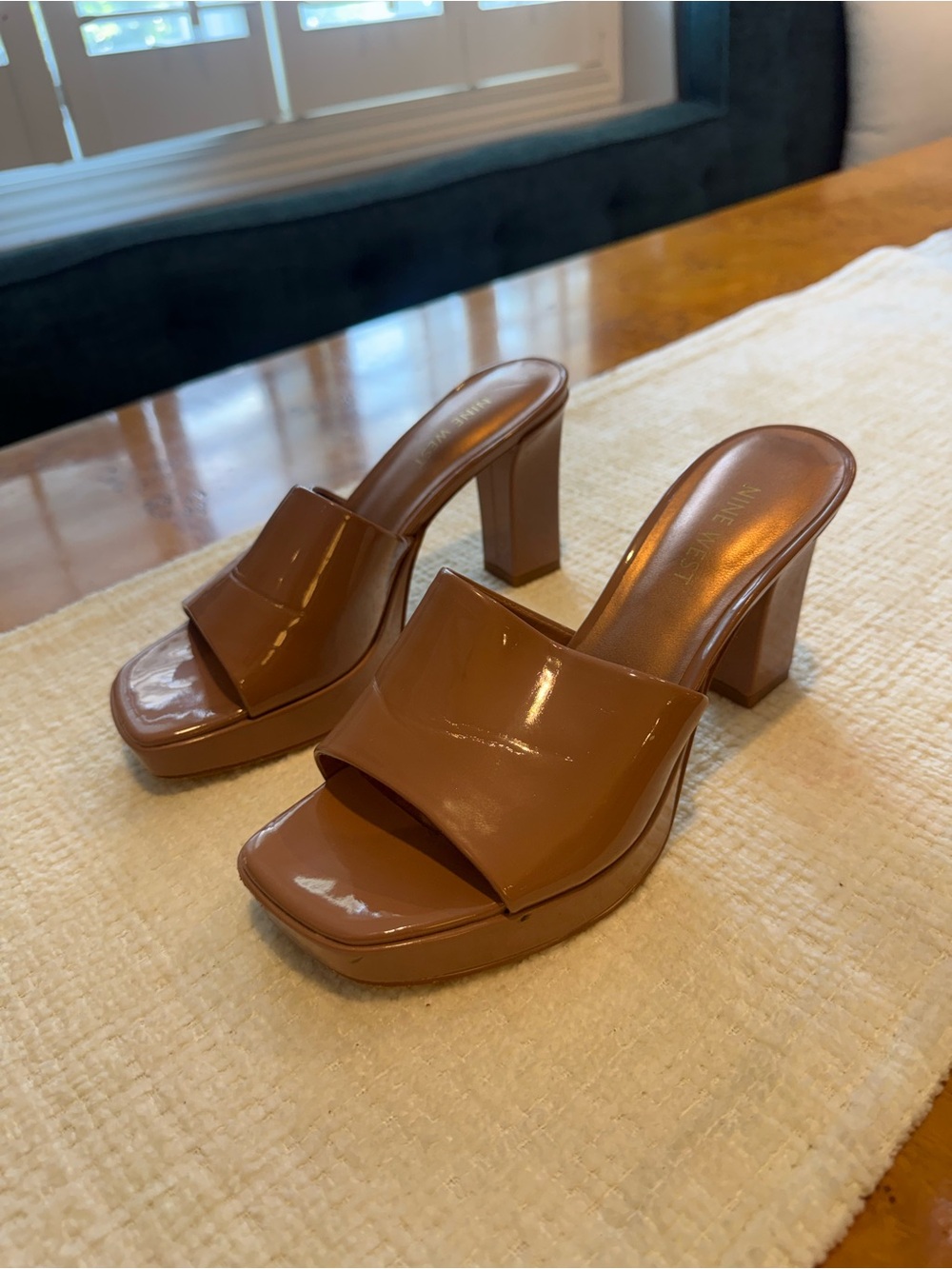 Nine West Brown Patent Open-Toe Block Heel Mules